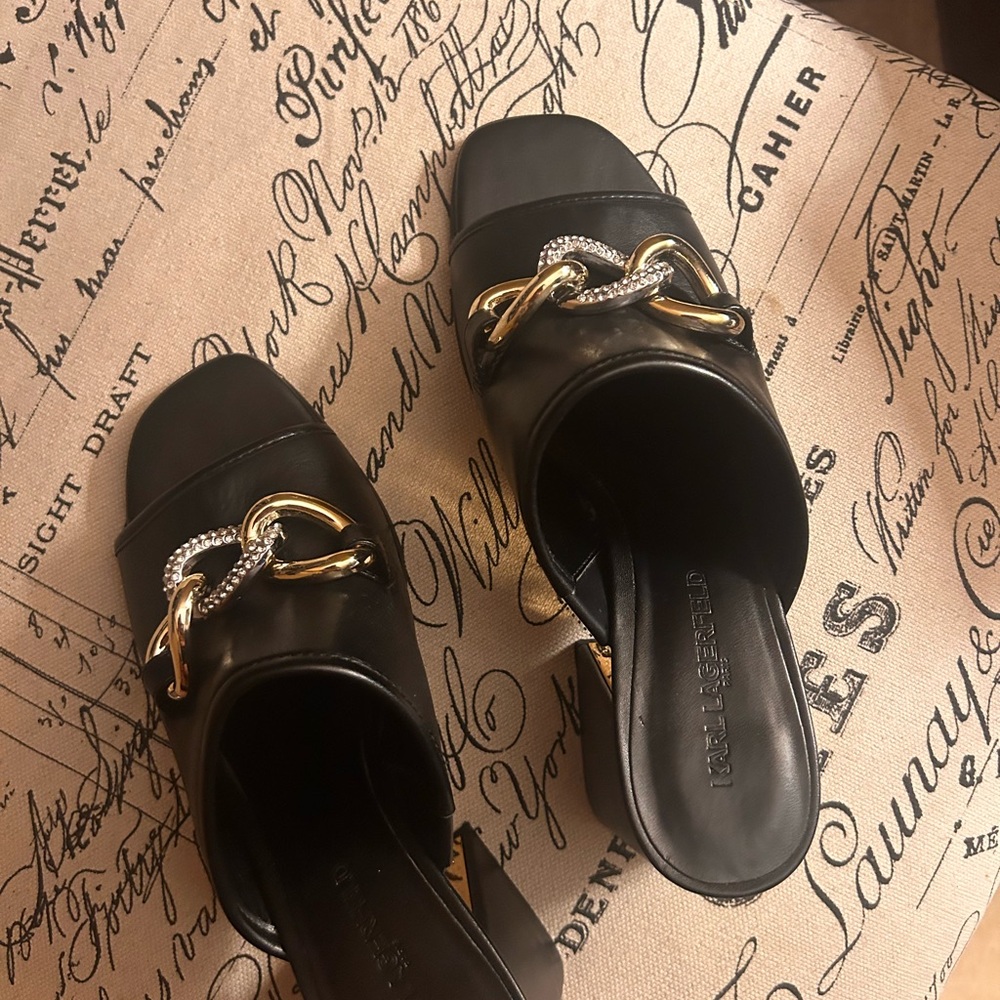 Karl Lagerfeld Black Heels with Gold and Silver Chain